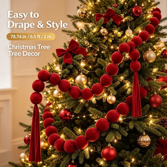 Red Velvet Ball Christmas Bead Garland with Tassels, 78.74 in Christmas ...
