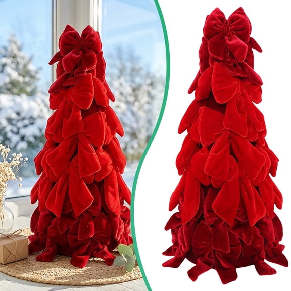 Red Velvet Bow Christmas Tree Desktop Decor, 14.57 x 5.91 x 5.91 in Mini Tabletop Holiday Tree for Desk, Study & Office, Festive Centerpiece, 1 Pc