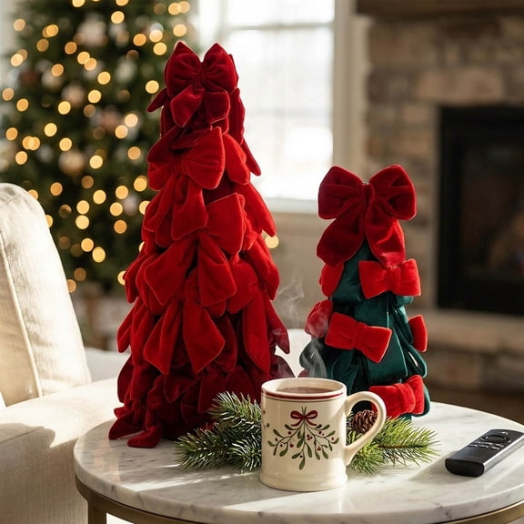 Red Velvet Bow Mini Christmas Tree, 14.57x5.91x5.91in Tabletop Holiday Decoration for Mantel & Shelf, Festive Gift for Friends and Family, 1PC