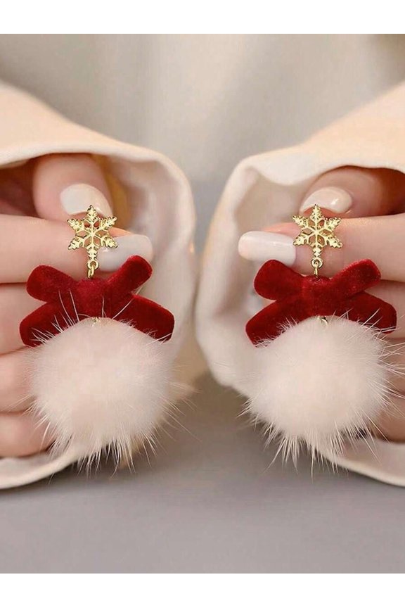Red Velvet Bow Snowflake Pom-Pom Dangle Earrings For Women