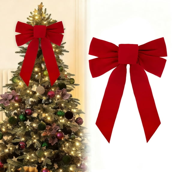 Red Velvet Christmas Bow Garland, 1-Piece Set for Holiday Tree Decor, Indoor Party, and Gift Wrapping, 5 Sizes from 11.81x5.9in to 23.62x11.02in