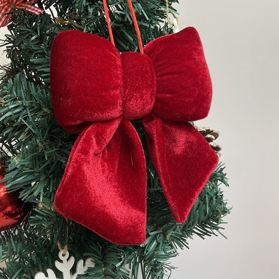 Red Velvet Christmas Bow with Plush Edges,Tree Decoration, Gift Wrapping Accent, 14cm Polyester Ribbon, for Wedding Party Backdrop, Luxurious Holiday Ornament, C