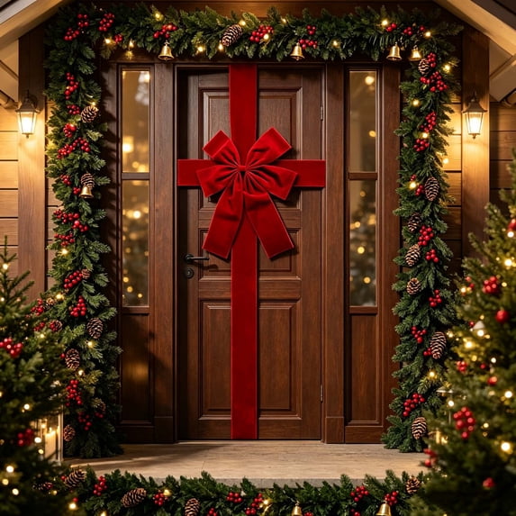 Red Velvet Christmas Door Bow Decor, Peel‑and‑Stick Gift‑Box Style Hanging Ornament for Front Garage Door Holiday Display