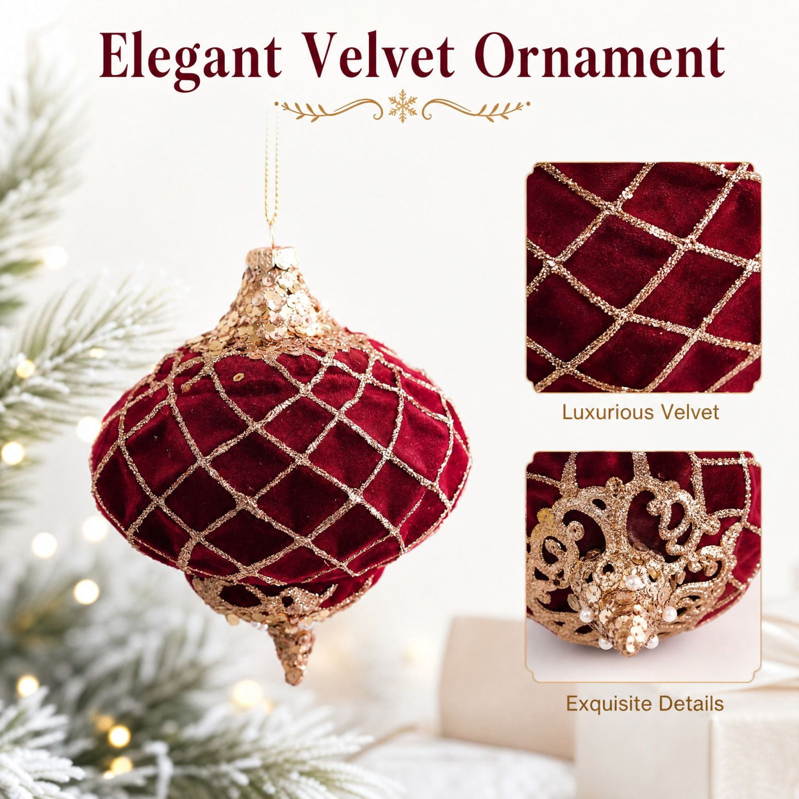 Red Velvet Christmas Ornament with Gold Glitter Diamond Pattern and ...