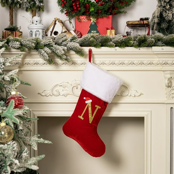 Red Velvet Christmas Stockings with Embroidered Letters - 26 Alphabet Letter Socks for Personalized Holiday Decor, Fireplace Mantle Hanging, Gift Exchange (26x22x45cm)