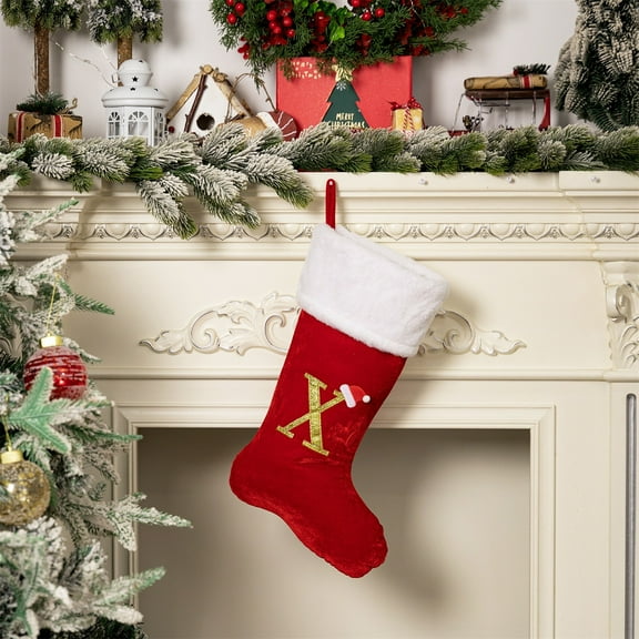 Red Velvet Christmas Stockings with 26 Alphabet Letters, High End Decor Socks for Gift Giving, Size 26x22x45cm Hanging