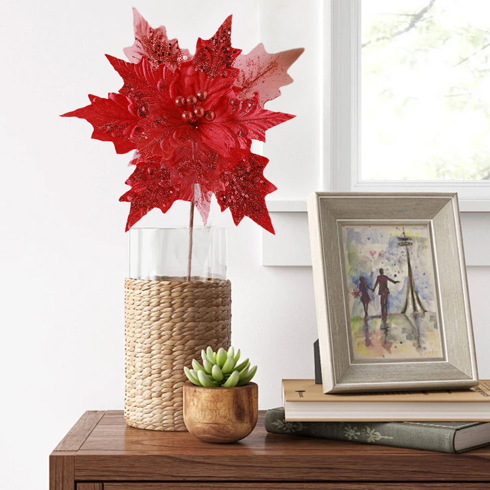 Red Velvet Christmas Tree Flower Decoration 1pcs 12-Inch Sequined ...
