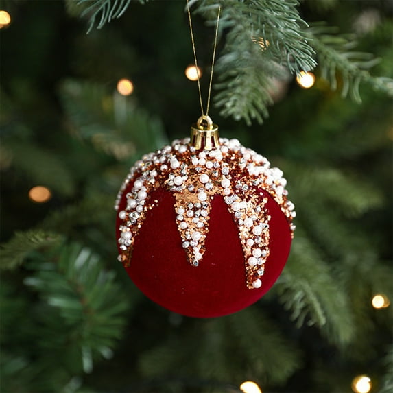 Red Velvet Christmas Tree Ornaments - 5-Style Glitter Hanging Baubles Shatterproof Party Decor Holiday Home Accent(D)