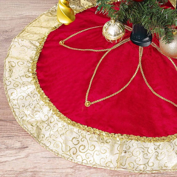 Red Velvet Christmas Tree Skirt with Gold Sequin Snowflake - Festive Holiday Decoration for Home Decor