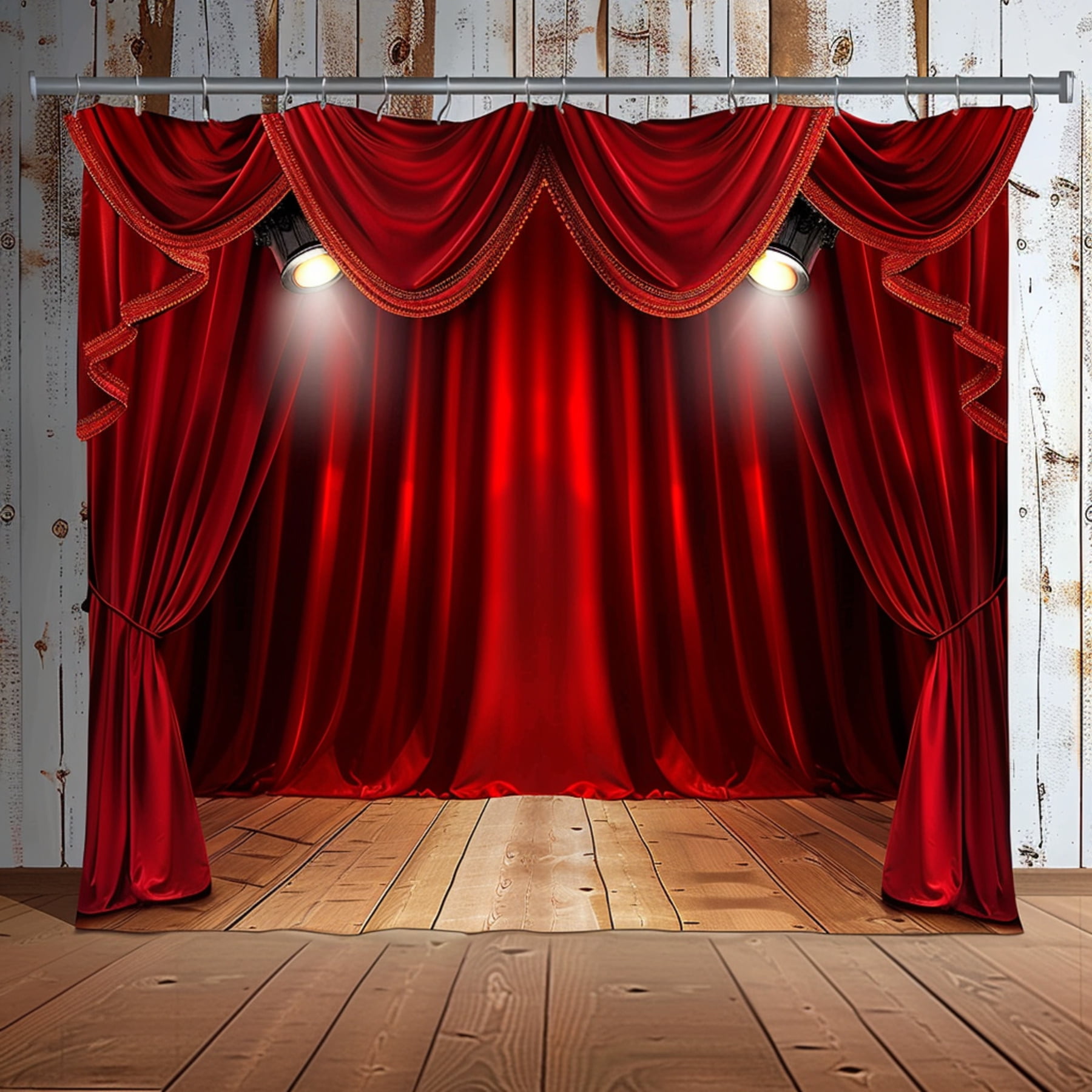 Red Velvet Curtain Stage Backdrop with Wooden Floor & Spotlight Theater