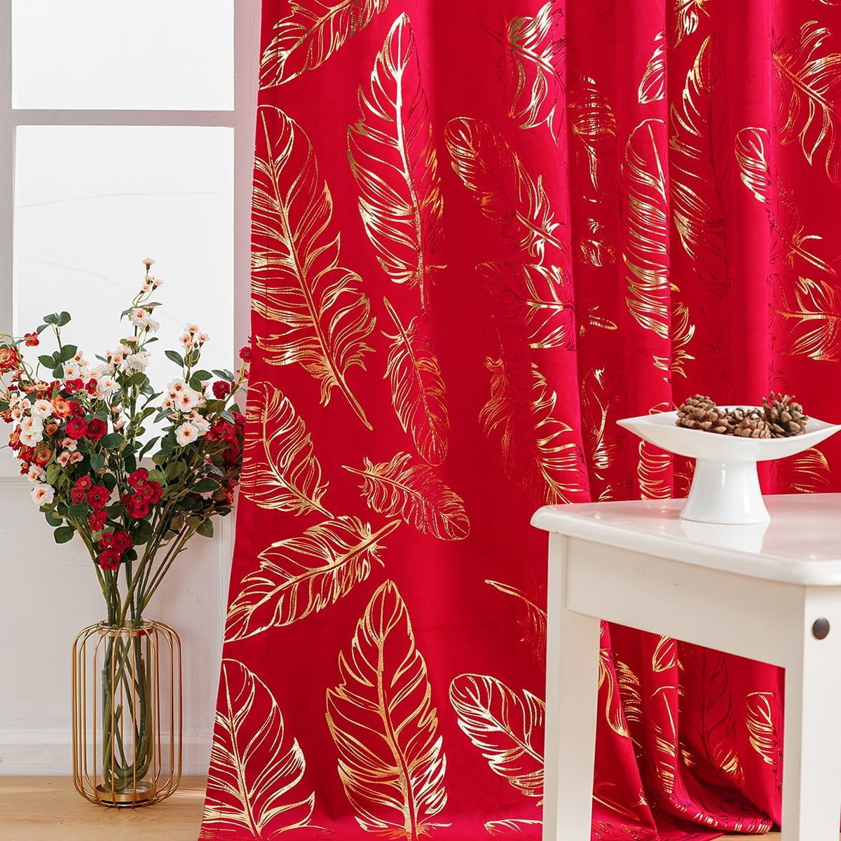 Red Velvet Curtains 84 Inches Long, Feather Gold Foil Printed Pattern ...