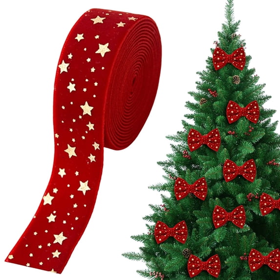 Red Velvet Holiday Ribbon, Gold Foil Star Dot Pattern Wired Christmas Ribbon, Decorative Fabric Ribbon for Gift Package, Hair Bows, Xmas Tree Wreath Craft Supplies