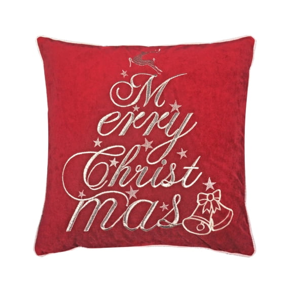 Red Velvet Merry Christmas Embroidered Pillow with Reindeer Stars Jingle Bells 20x20 Inch Holiday Decor