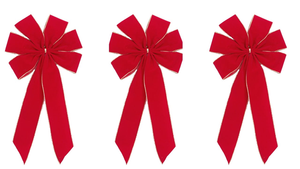 Red Velvet Outdoor Christmas Bows by Independence Bunting. 3-Pack! 6 Loop Gold Purl Edge Xmas Holiday Bows Home Decor - 9" Bow with 11" Tail. Free Shipping Available!