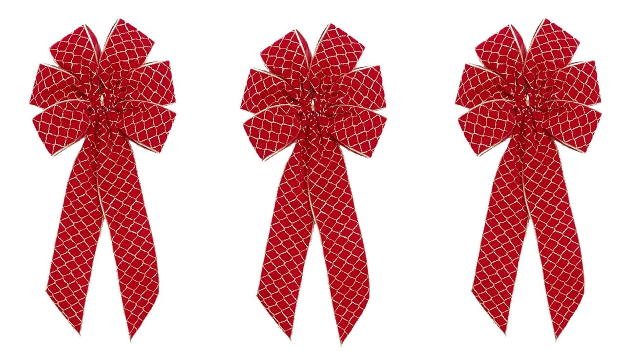 Red Velvet Outdoor Christmas Bows by Old Glory Bunting. 3-Pack! 6 Loop Fancy Gold Smocking Design with Gold Metallic Wired Purl Edge Xmas Holiday Bows. 9" Bow with 11" Tail. Free Shipping Available!