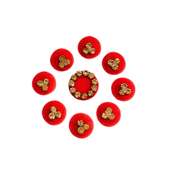 Red Velvet Round Bindi Set with Golden Crystal Stones, Self Adhesive Traditional Indian Forehead Stickers for Festivals and Weddings