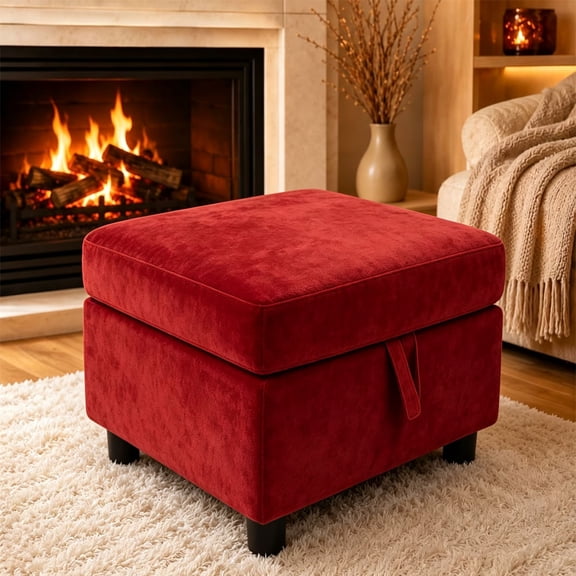 Red Velvet Storage Ottoman Foot Stool, 26.77 Inch Square Upholstered Footrest Bench with Hidden Storage, Multi-Functional Cube Ottoman Foot Stool