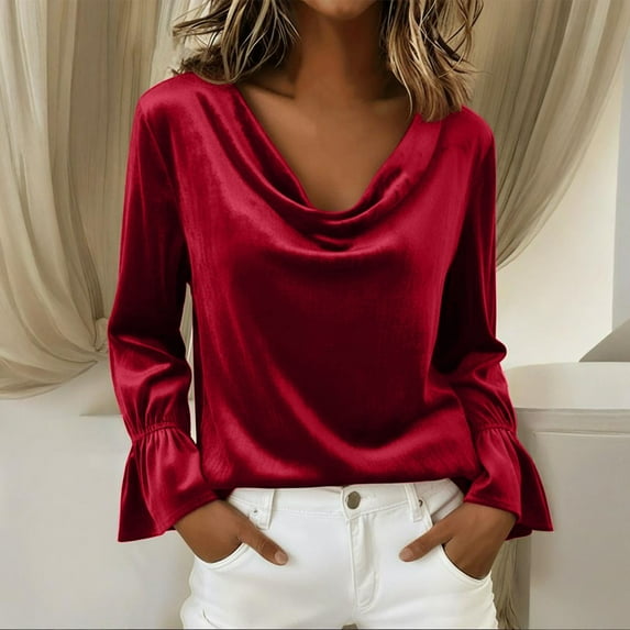 Red Velvet Tops for Women Dressy Cowl Neck Ruffle Long Sleeve Evening Party Blouse