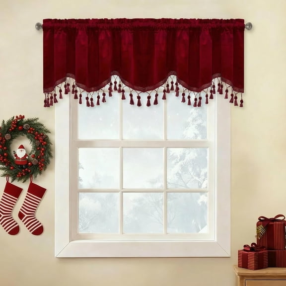 Red Velvet Valances for Christmas Home Decoration, Rod Pocket Kitchen Tier Curtains Room Darkening Window Drapes for Bedroom/Bay Window, W52 x L18, 2 Panels