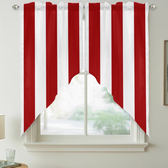 Red Vertical Stripe Swag Curtain Valances for Kitchen, Country Rustic Farmhouse Minimalist Lines Rod Pocket Curtains Window Treatment Swag Valance for Bedroom Bathroom, 2 Panels 28 x 36 Inch