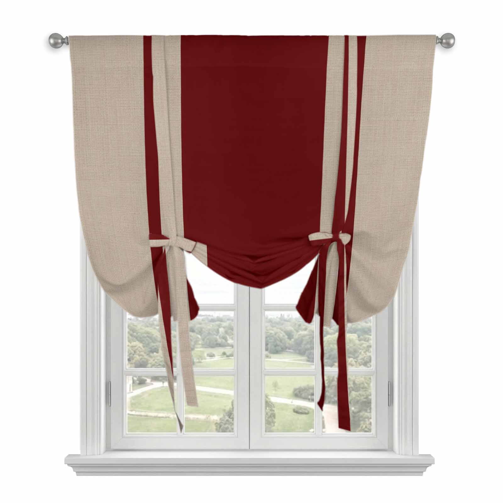Red Vertical Stripes Tie Up Curtain for Window, Abstract Vintage Linen Texture Minimalist Adjustable Tie Up Balloon Curtain Valances Rod Pocket Window Treatment for Kitchen Bathroom Bedroom 42"x63"