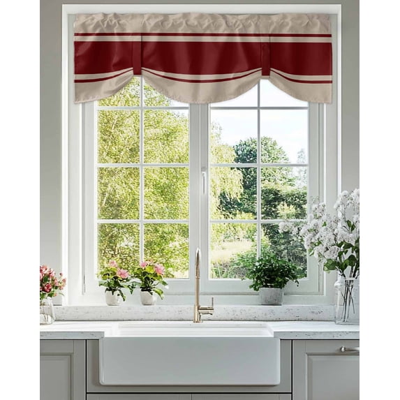 Red Vertical Stripes Tie Up Valances Curtain, Adjustable Kitchen Abstract Vintage Linen Texture Minimalist Valances for Windows Decor, Rod Pocket Short Curtains Set for Bedroom/Bathroom, 42"x12"