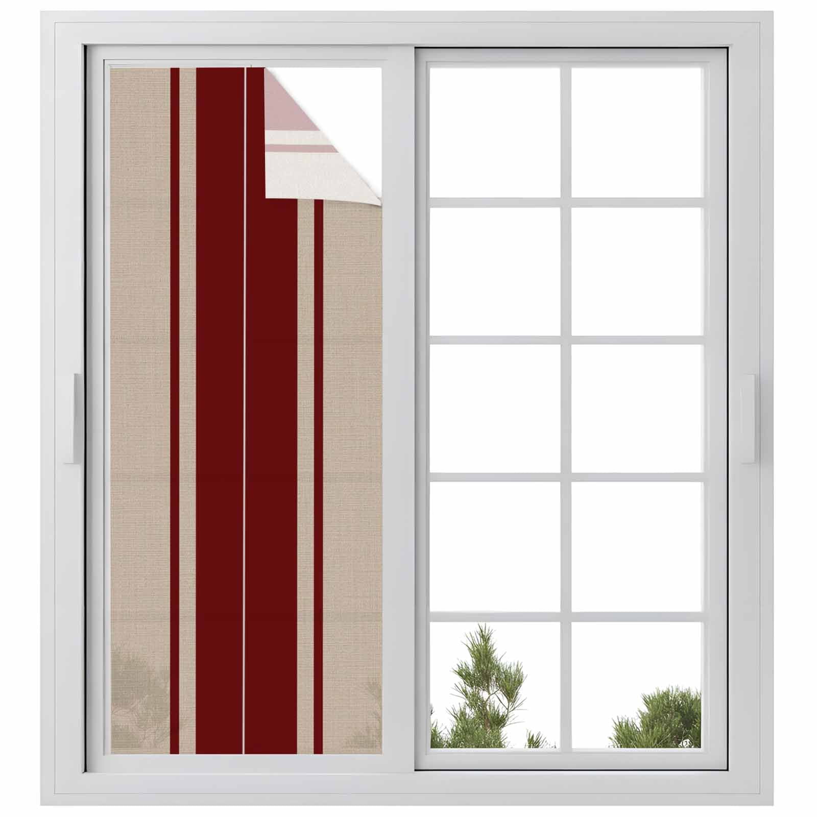 Red Vertical Stripes Window Privacy Film, Abstract Vintage Linen Texture Minimalist Frosted Glass Window Clings Static Cling UV Heat Blocking Reusable Door Sticker for Bathroom 23.6 x 59 Inch