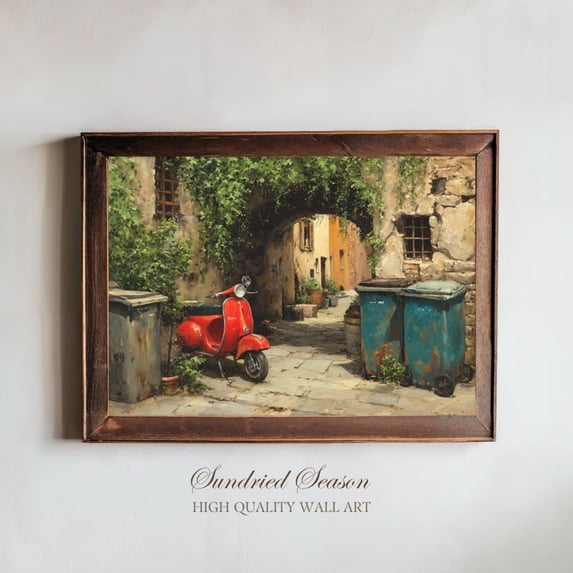 Red Vespa in Italian Alley Rustic European Street Vintage Scooter, Stretched Canvas 8x10in