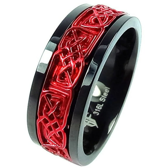 Red Viking Spinner Ring Black 316L Stainless Steel Celtic Norse Anti Anxiety Band Fantasy Forge Jewelry