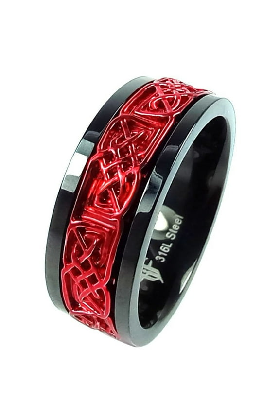 Red Viking Spinner Ring Black 316L Stainless Steel Celtic Norse Anti Anxiety Band Fantasy Forge Jewelry