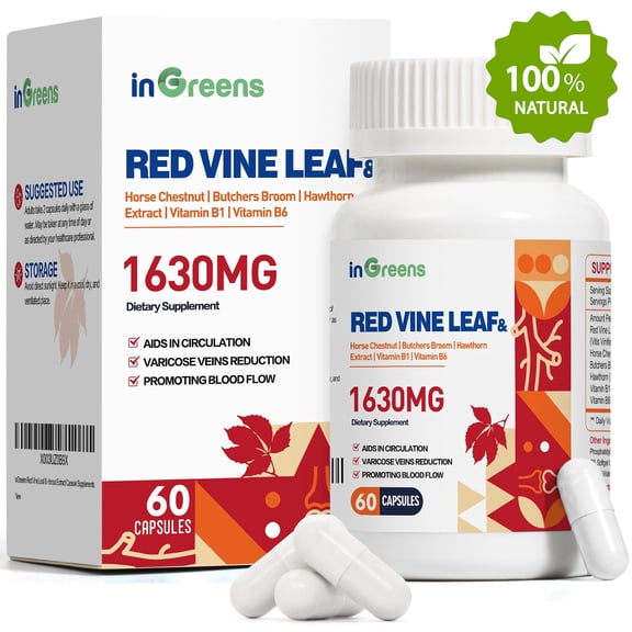 Red Vine Leaf Extract 1630mg with Horse Chestnut, Butchers Broom, Hawthorn Supplement for Varicose Veins, Leg, Circulation, Heart, Skin, Support for Heart Health, Made in USA, 60 Capsules