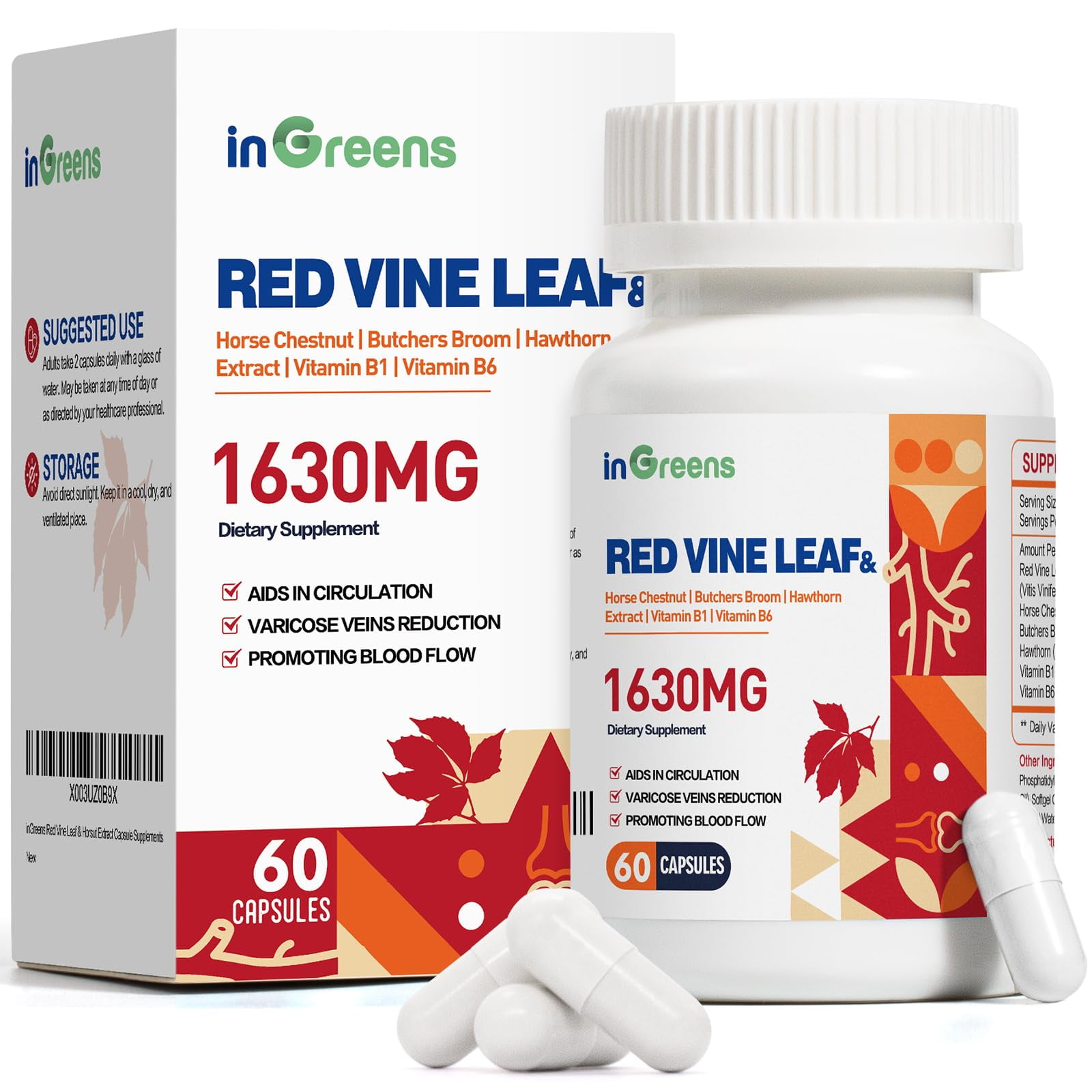 Red Vine Leaf Extract 1630mg with Horse Chestnut, Butcher’s Broom