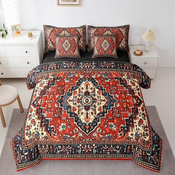 Red Vintage Bedding Comforter Sets 7pcs Persian Bed in a Bag, Oriental Twin Bedding Sets Retro Traditional Comforter Set, Boho Aesthetic Bedding Sets & Collections Hippie Paisley Bedroom Decor