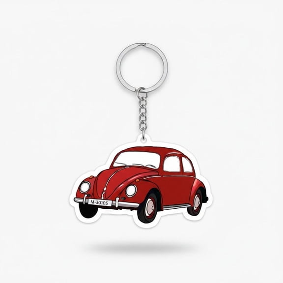 Red Vintage Car Keychain, Classic Beetle Acrylic Charm, Retro Automobile Lover Gift, Cute Vehicle Bag Accessory, Old School Car Key Ring