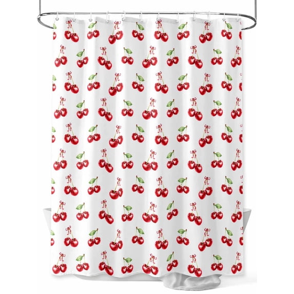 Red Vintage Cherry Shower Curtain, Watercolor Fruit Pattern Bathroom Decor Curtains Set with Hooks, White Green Waterproof Fabric Home Accessories, Stall 36 X 78 Inch