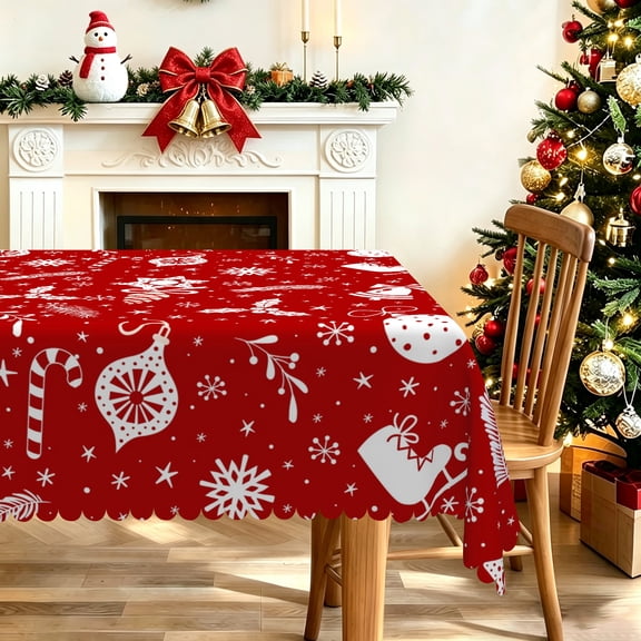 Red Vintage Christmas Tablecloth,52x70 Inch,Bell Candy Cane Polyester Table Cover For Xmas Gathering Holiday Banquet