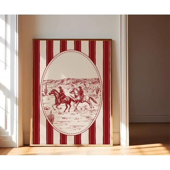 Red Vintage Cowboy Drawing Wall Art Print, Rustic Western Rodeo And ...