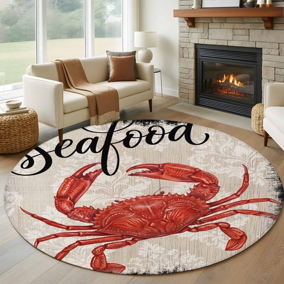 Red Vintage Crab Round Living Room Rugs 8 ft, Nautical Ocean Wood Texture Washable Large Area Rug with Non-Slip Sturdy Edge Binding Round Carpet for Dining Room Kitchen Office
