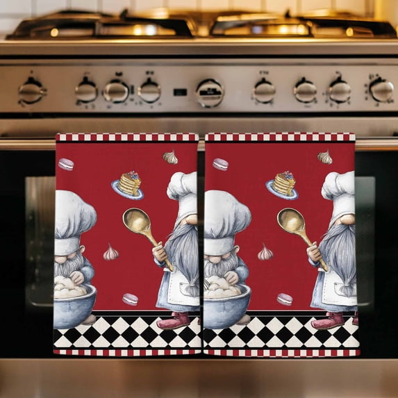 Red Vintage Gnomes Kitchen Towels Set of 2, Black Checkered Retro Art Absorbent Dish Towels for Kitchen, Microfiber Hand Towel, Quick Drying Tea Towel for Cleaning Decorative Dishcloths