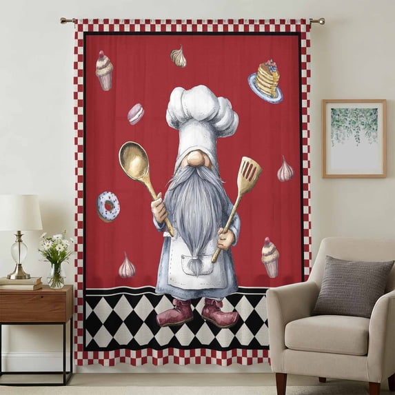 Red Vintage Gnomes Sheer Curtains 72 Inches Long, Black Checkered Retro Art Light Filering Curtains, Breathable Simi Curtain Privacy Drapes for Living Room Bedroom Lightweight Window Treatment