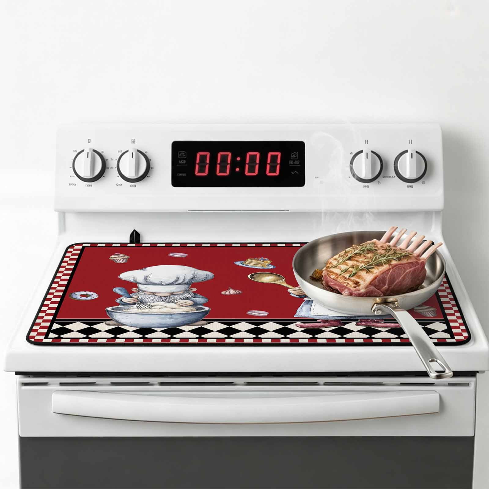 Red Vintage Gnomes Stove Top Cover for Electric Stove, Heat-proof & Non Slip Glass Top Stove Cover Protector, Black Checkered Retro Art Kitchen Flat Cooktop Rubber Mat 24x21 Inches