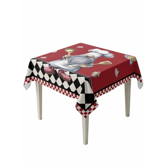 Red Vintage Gnomes Table Cloth, Waterproof Tablecloth for Square Tables, Black Checkered Retro Art Reusable Washable Fabric Table Cover for Restaurant Kitchen Dining Tables 54"x54"