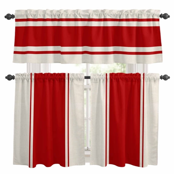 Red Vintage Kitchen Curtains Sets for Windows 36 Inch Length, Geometric Stripes Simple Lines Rod Pocket Window Treatments Tier Curtains and Valances Set for Bedroom/Bathroom
