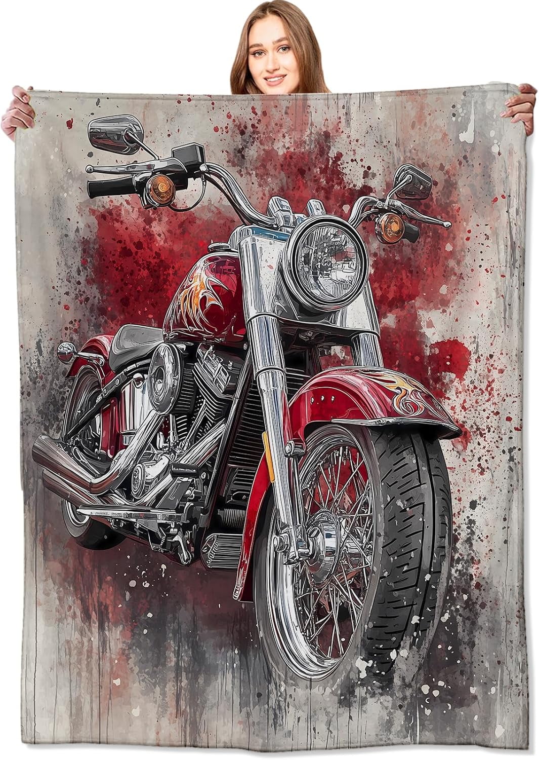 Red Vintage Motorcycle Blanket Retro Bike Throw Blankets with