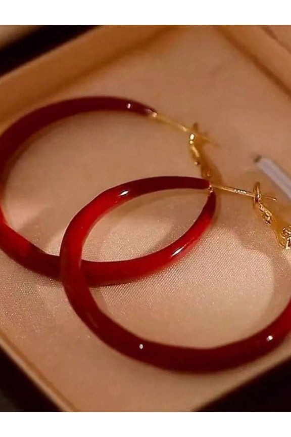 Red Vintage Oversized Round Hoop Earrings With Goldtone Lever-Back Closure
