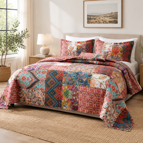 Red Vintage Patchwork King (96 by108 Inch) Cotton Reversible Bedspread Coverlet Set