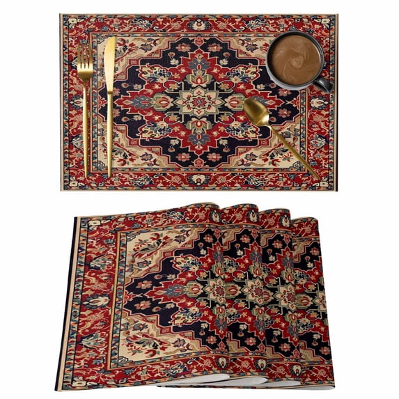 Red Vintage Placemats Set of 6, Floral Pattern Ethnic Style Non-Slip Place Mats Washable Table Mats for Kitchen Dining Table Decorations Indoor/Outdoor