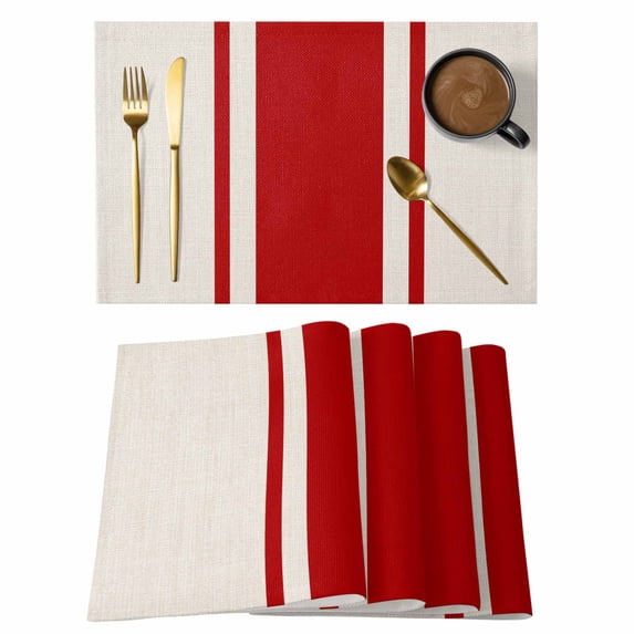 Red Vintage Placemats Set of 8, Geometric Stripes Simple Lines Placemats for Dining Table, Place Mats for Kitchen Tabletop, Waterproof Wipeable Dining Table Mats Set
