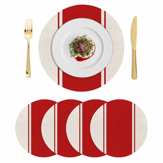 Red Vintage Round 15 Inch Placemats Set of 4, Geometric Stripes Simple Lines HeatResistant Non Slip Place Mats for Dining Table, Wipeable Braided Kitchen Table Mats for Housewarming