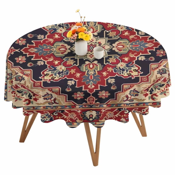 Red Vintage Round Tablecloth 54 inches Floral Pattern Ethnic Style Waterproof Oil-Proof Table Cloth Round Table Cover for Holiday Party Picnic Dinner Decor Indoor and Outdoor Use